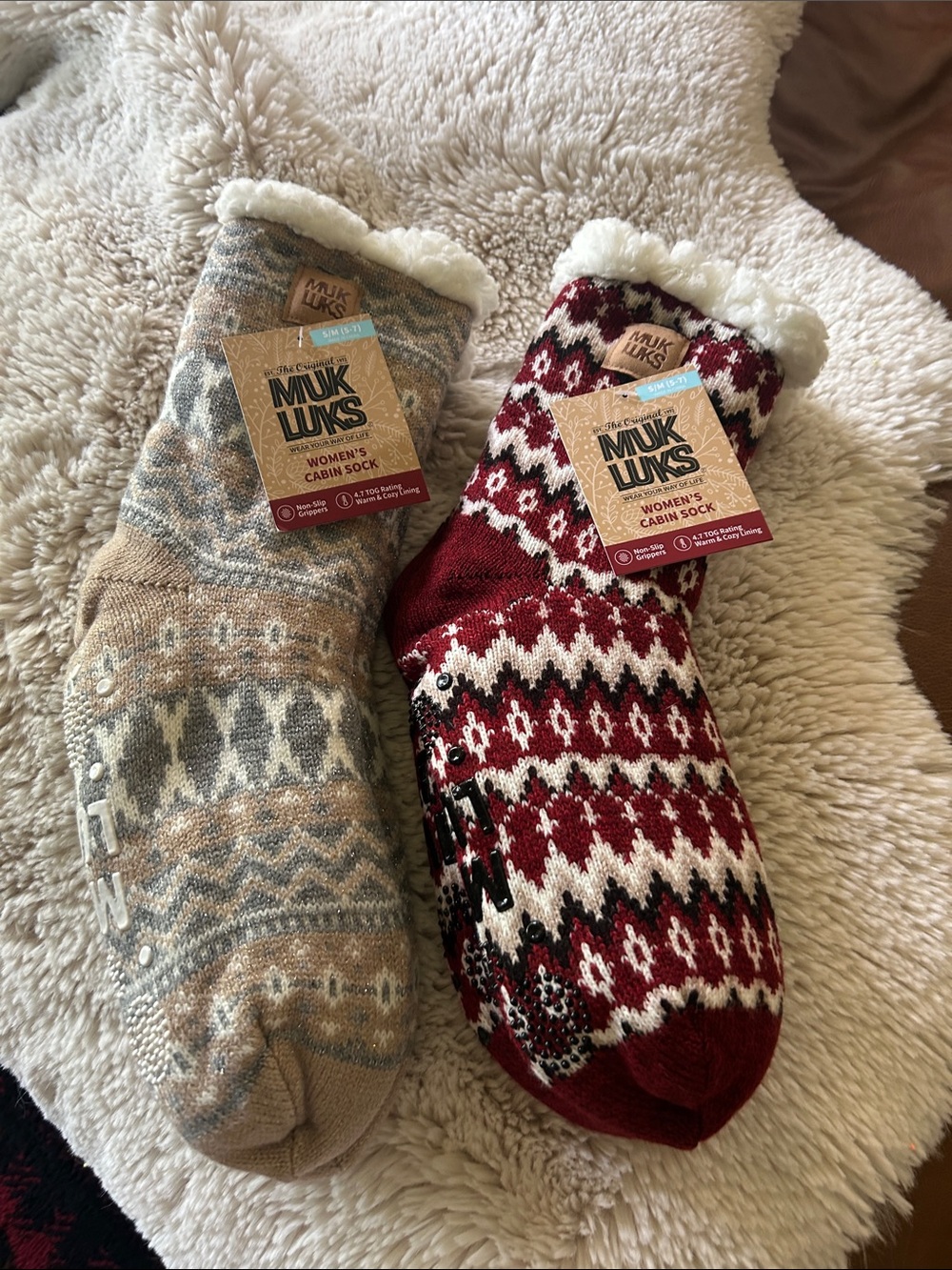 (2-Pair) Muk Luks Women's Cabin Socks - Red & Tan Patterned Sherpa-Lined